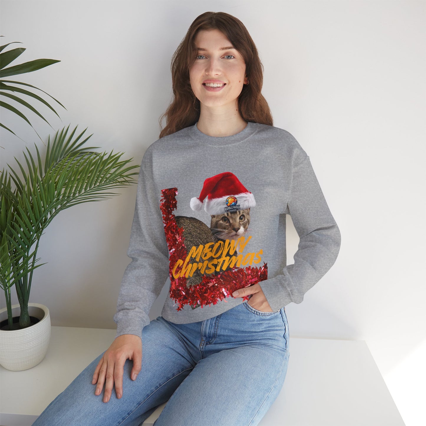Christmas Cat Crewneck Sweatshirt — "Meowy Christmas" Holiday Sweatshirt