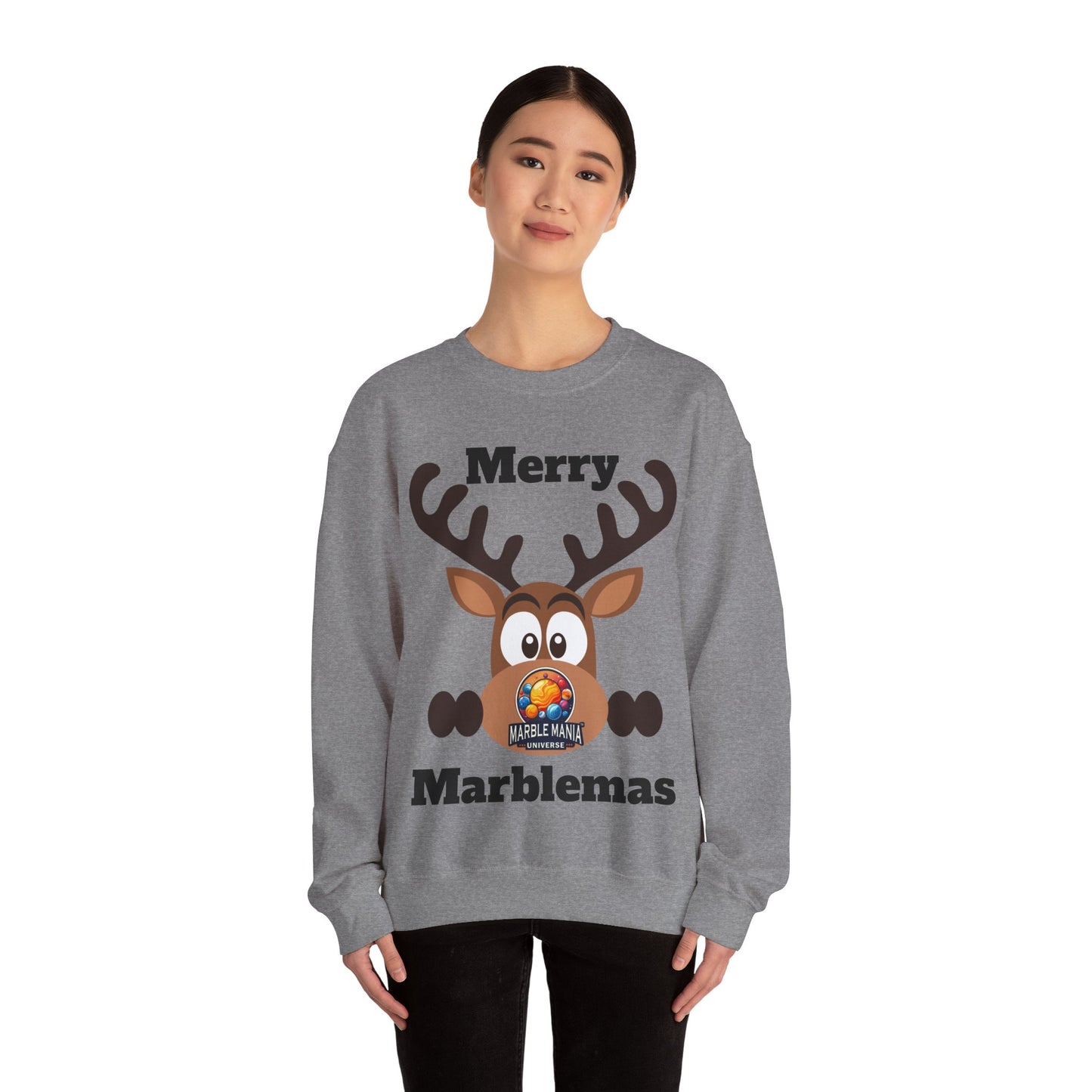Merry Marblemas Crewneck Sweatshirt — Festive Reindeer Graphic Holiday Sweatshirt