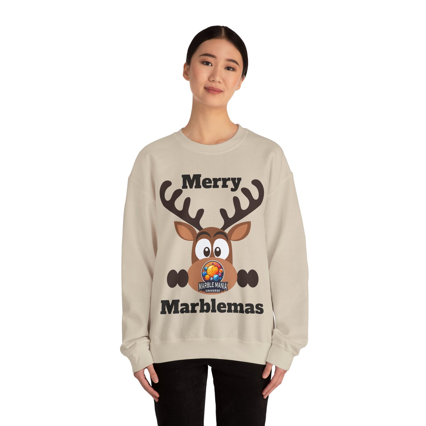 Merry Marblemas Crewneck Sweatshirt — Festive Reindeer Graphic Holiday Sweatshirt