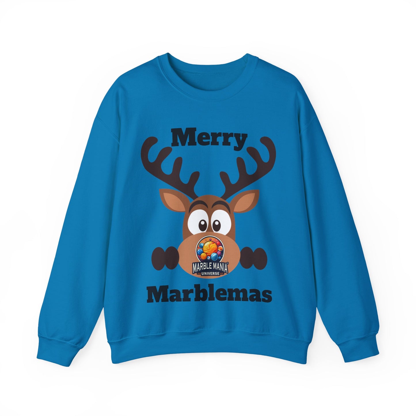 Merry Marblemas Crewneck Sweatshirt — Festive Reindeer Graphic Holiday Sweatshirt