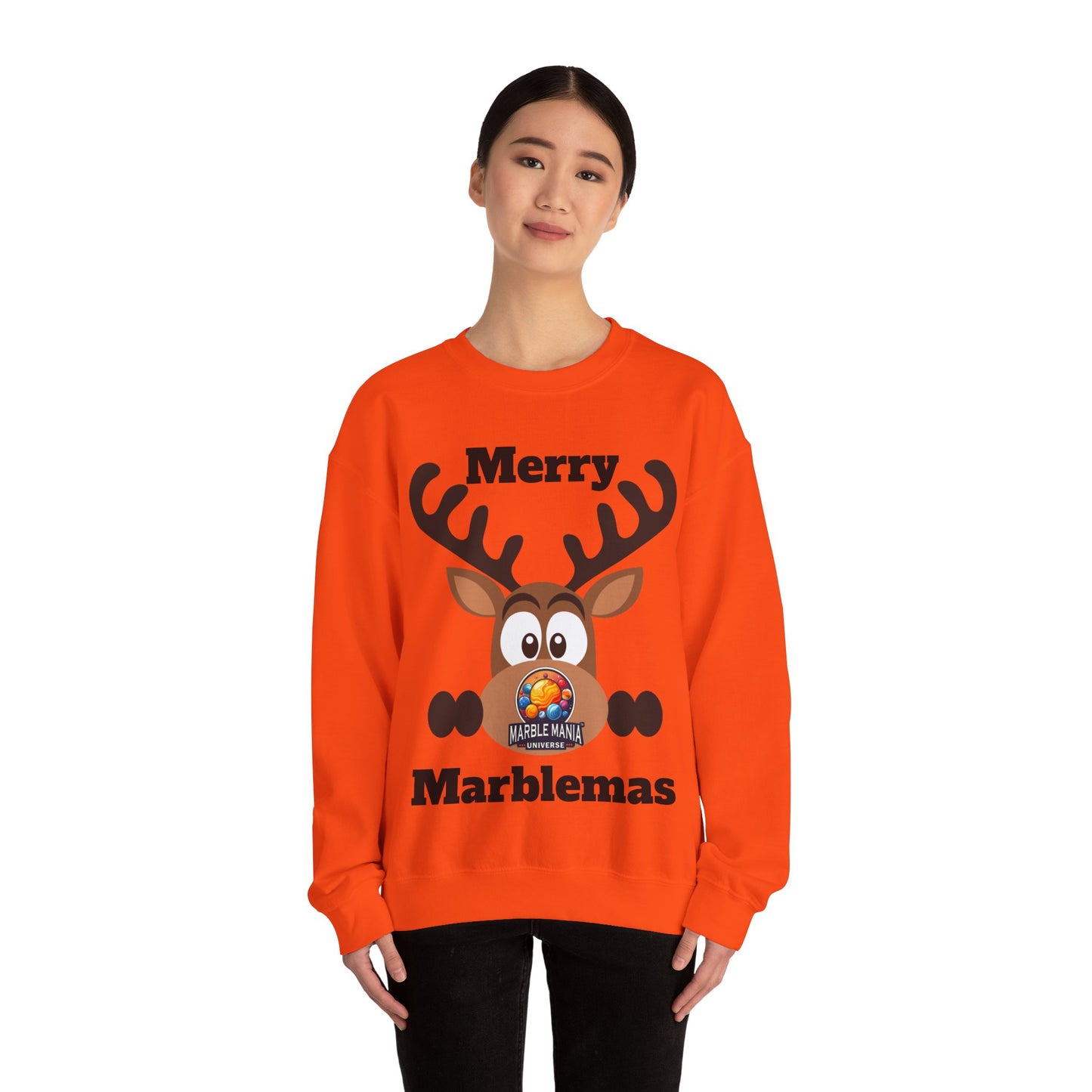 Merry Marblemas Crewneck Sweatshirt — Festive Reindeer Graphic Holiday Sweatshirt