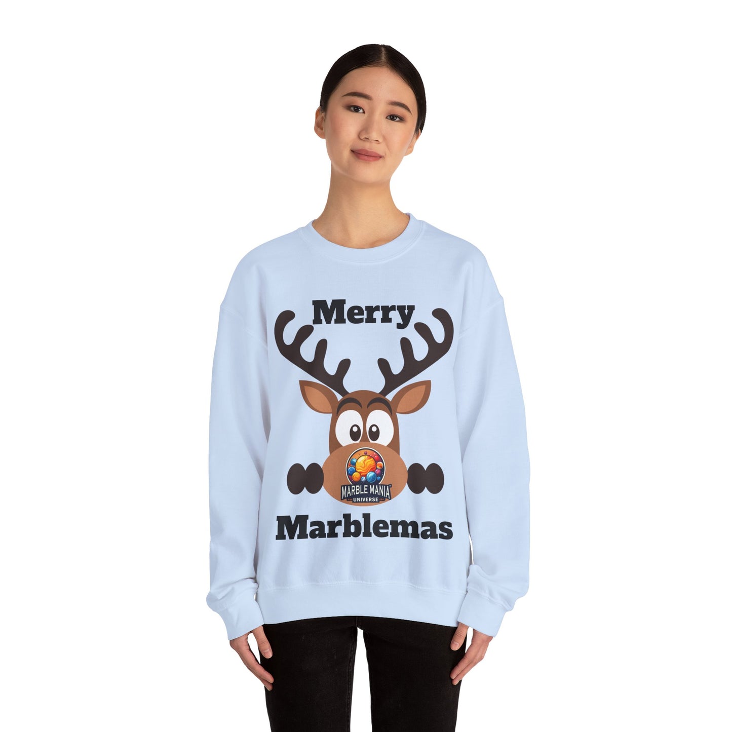 Merry Marblemas Crewneck Sweatshirt — Festive Reindeer Graphic Holiday Sweatshirt