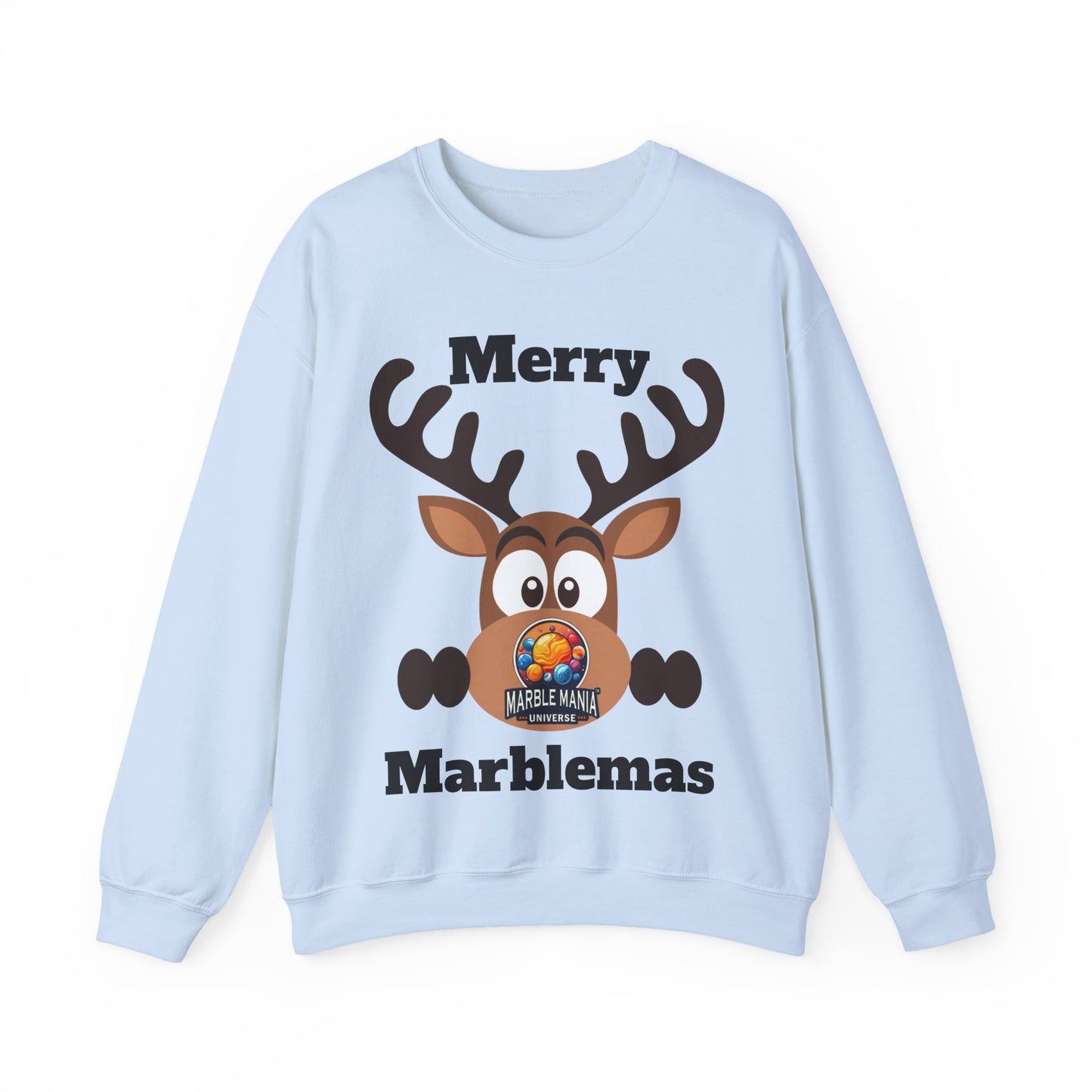 Merry Marblemas Crewneck Sweatshirt — Festive Reindeer Graphic Holiday Sweatshirt