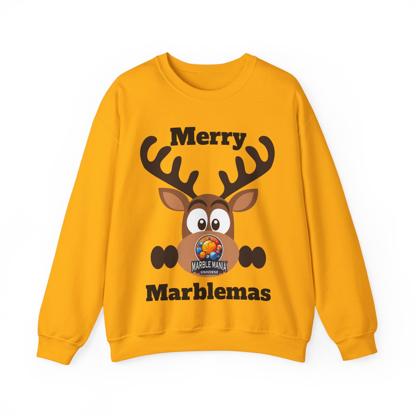 Merry Marblemas Crewneck Sweatshirt — Festive Reindeer Graphic Holiday Sweatshirt