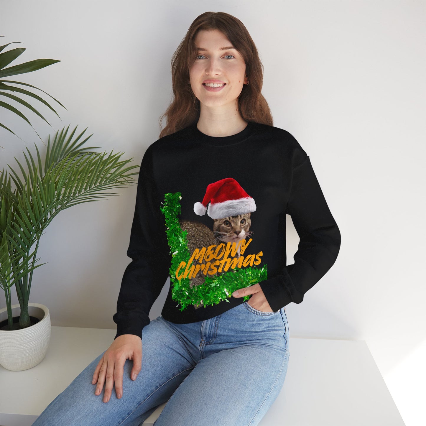 Christmas Cat Sweatshirt – “Meowy Christmas” Holiday Crewneck