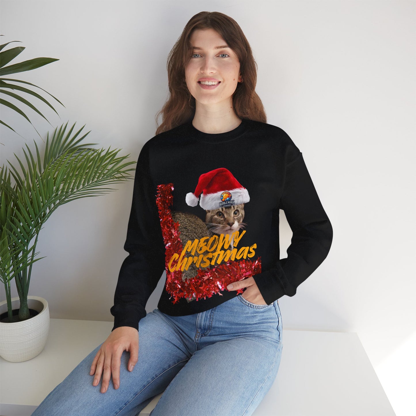 Christmas Cat Crewneck Sweatshirt — "Meowy Christmas" Holiday Sweatshirt