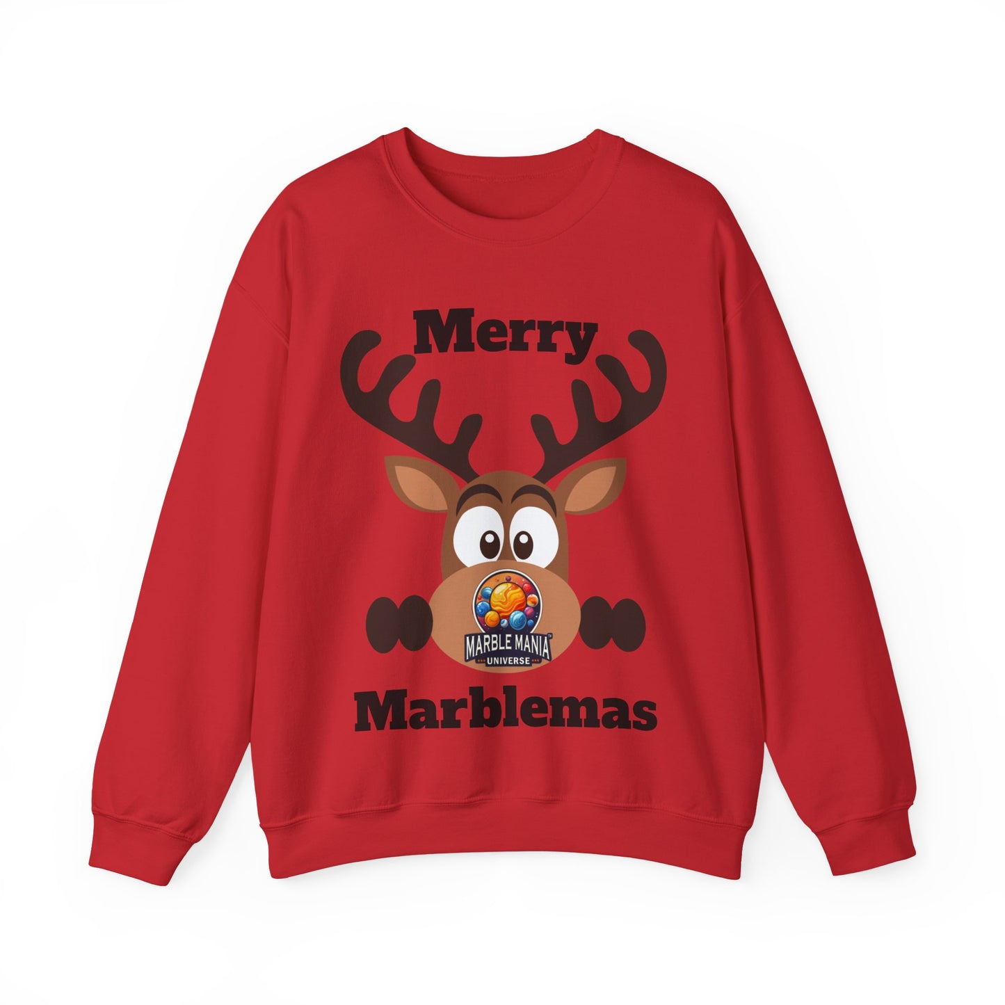 Merry Marblemas Crewneck Sweatshirt — Festive Reindeer Graphic Holiday Sweatshirt