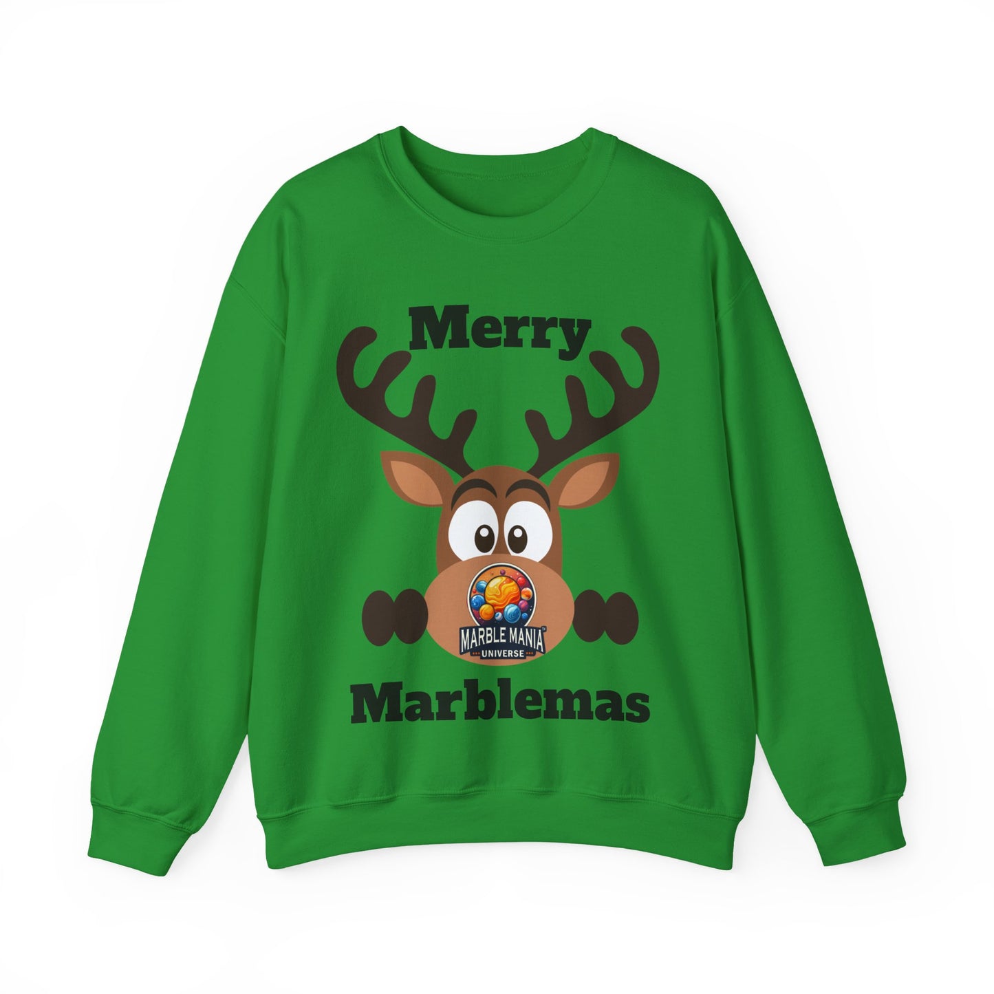 Merry Marblemas Crewneck Sweatshirt — Festive Reindeer Graphic Holiday Sweatshirt