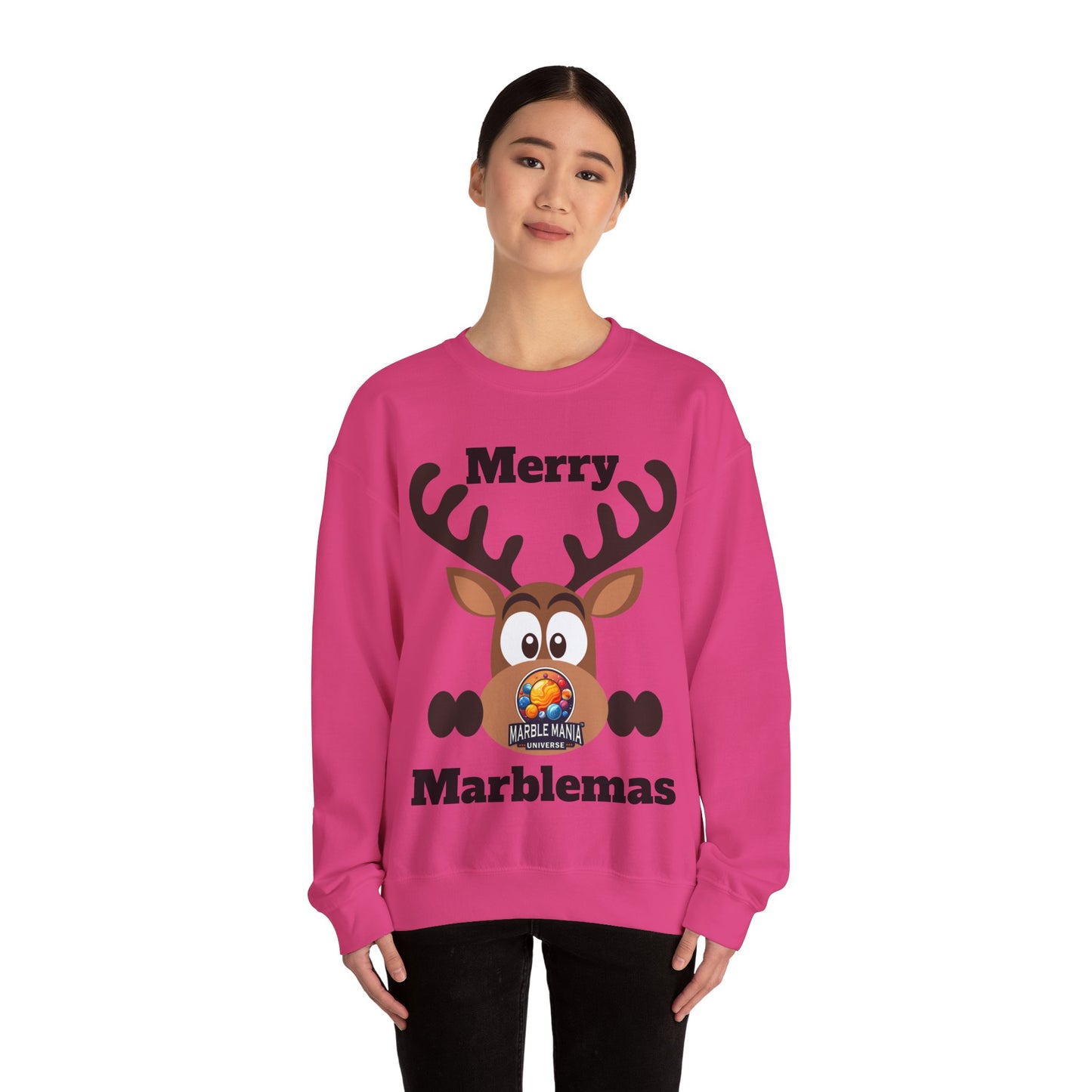 Merry Marblemas Crewneck Sweatshirt — Festive Reindeer Graphic Holiday Sweatshirt
