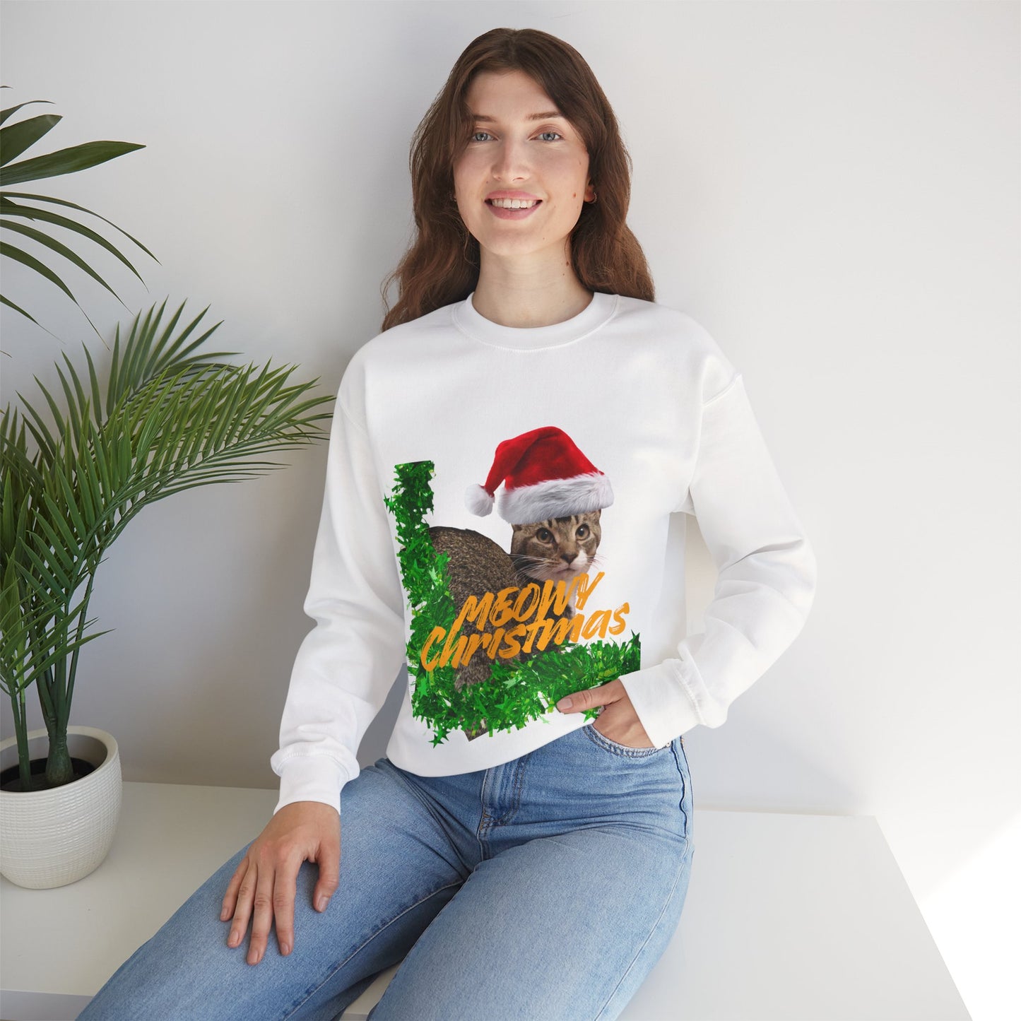 Christmas Cat Sweatshirt – “Meowy Christmas” Holiday Crewneck