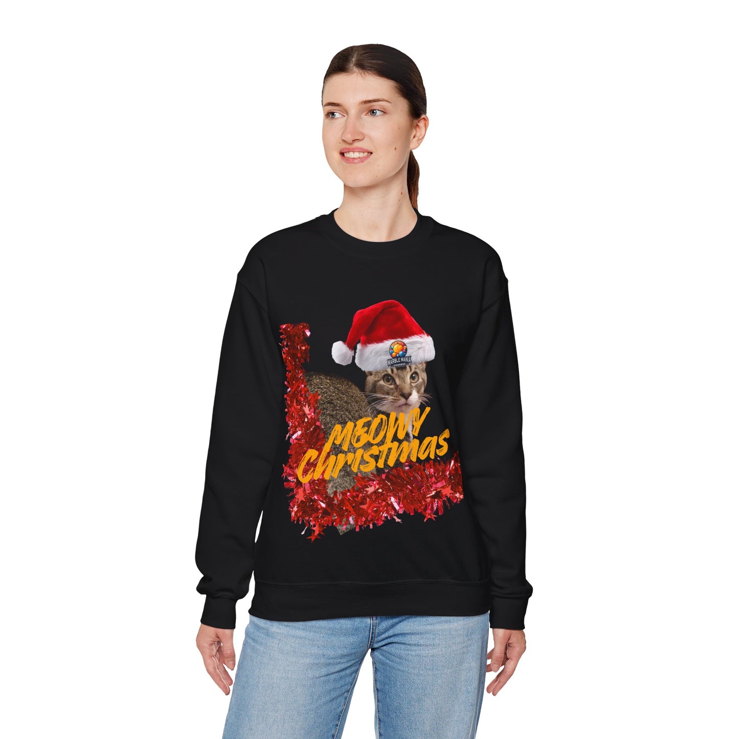 Christmas Cat Crewneck Sweatshirt — "Meowy Christmas" Holiday Sweatshirt