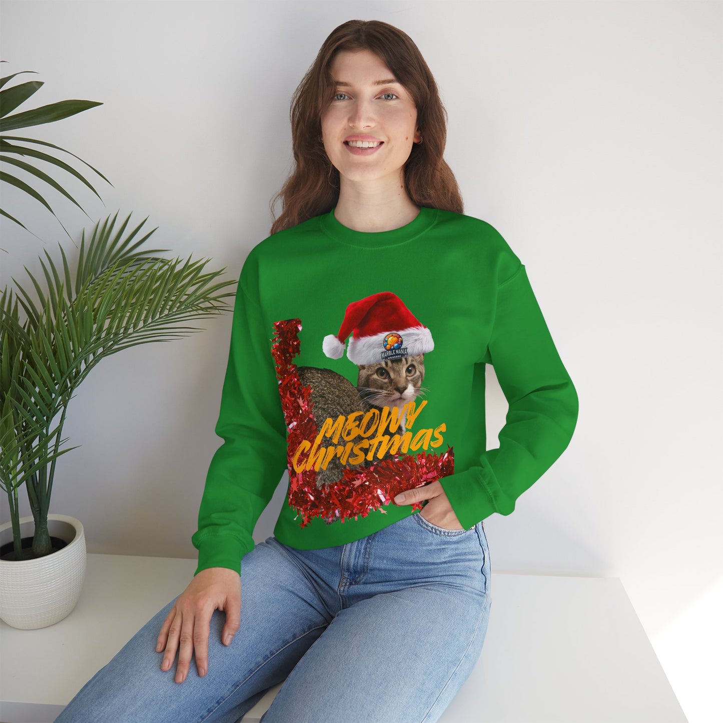 Christmas Cat Crewneck Sweatshirt — "Meowy Christmas" Holiday Sweatshirt