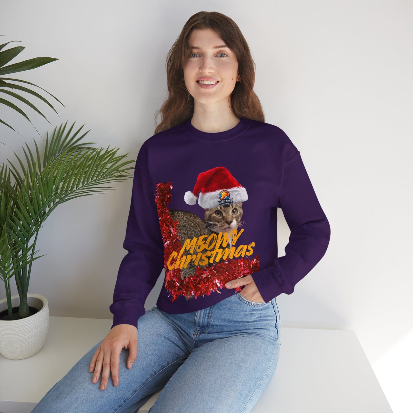 Christmas Cat Crewneck Sweatshirt — "Meowy Christmas" Holiday Sweatshirt