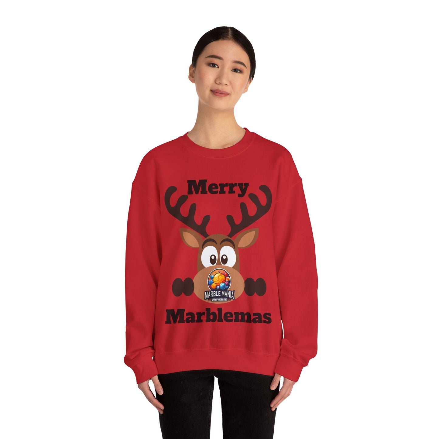 Merry Marblemas Crewneck Sweatshirt — Festive Reindeer Graphic Holiday Sweatshirt