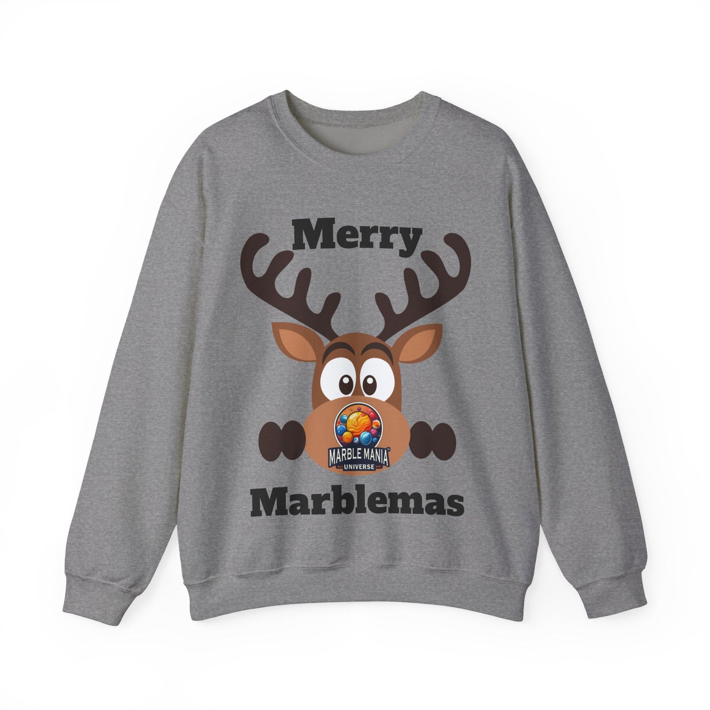 Merry Marblemas Crewneck Sweatshirt — Festive Reindeer Graphic Holiday Sweatshirt