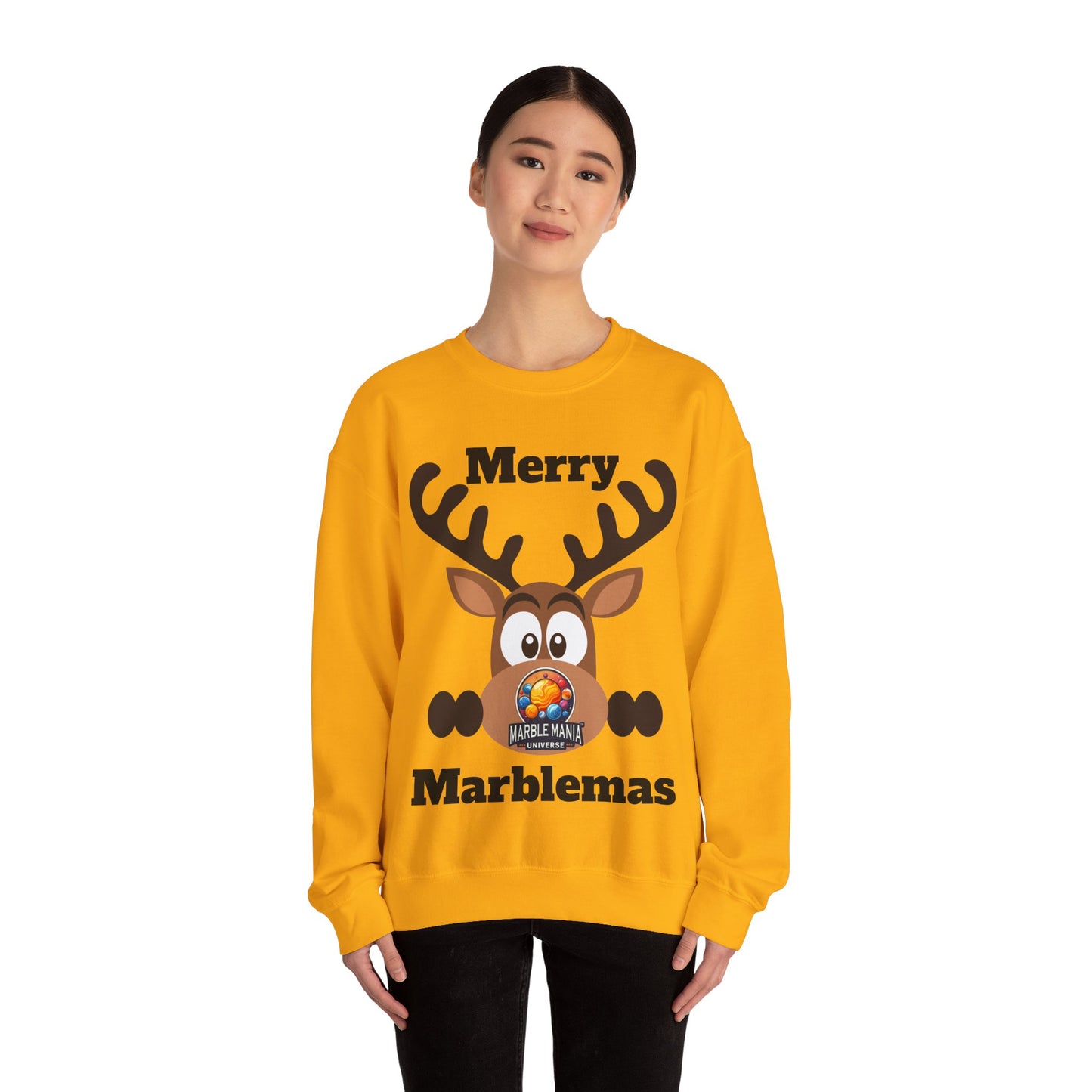 Merry Marblemas Crewneck Sweatshirt — Festive Reindeer Graphic Holiday Sweatshirt