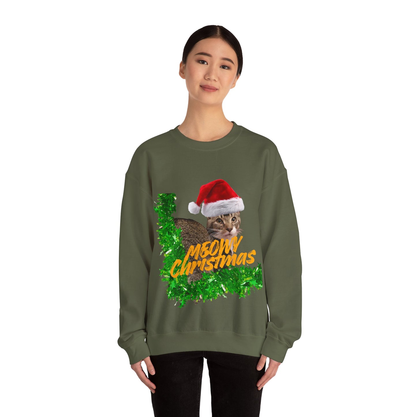 Christmas Cat Sweatshirt – “Meowy Christmas” Holiday Crewneck