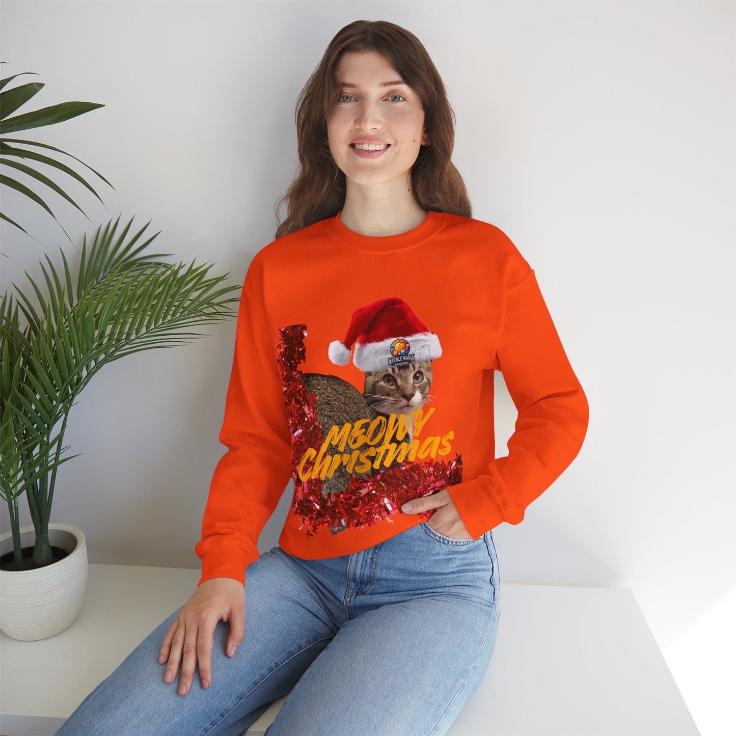Christmas Cat Crewneck Sweatshirt — "Meowy Christmas" Holiday Sweatshirt