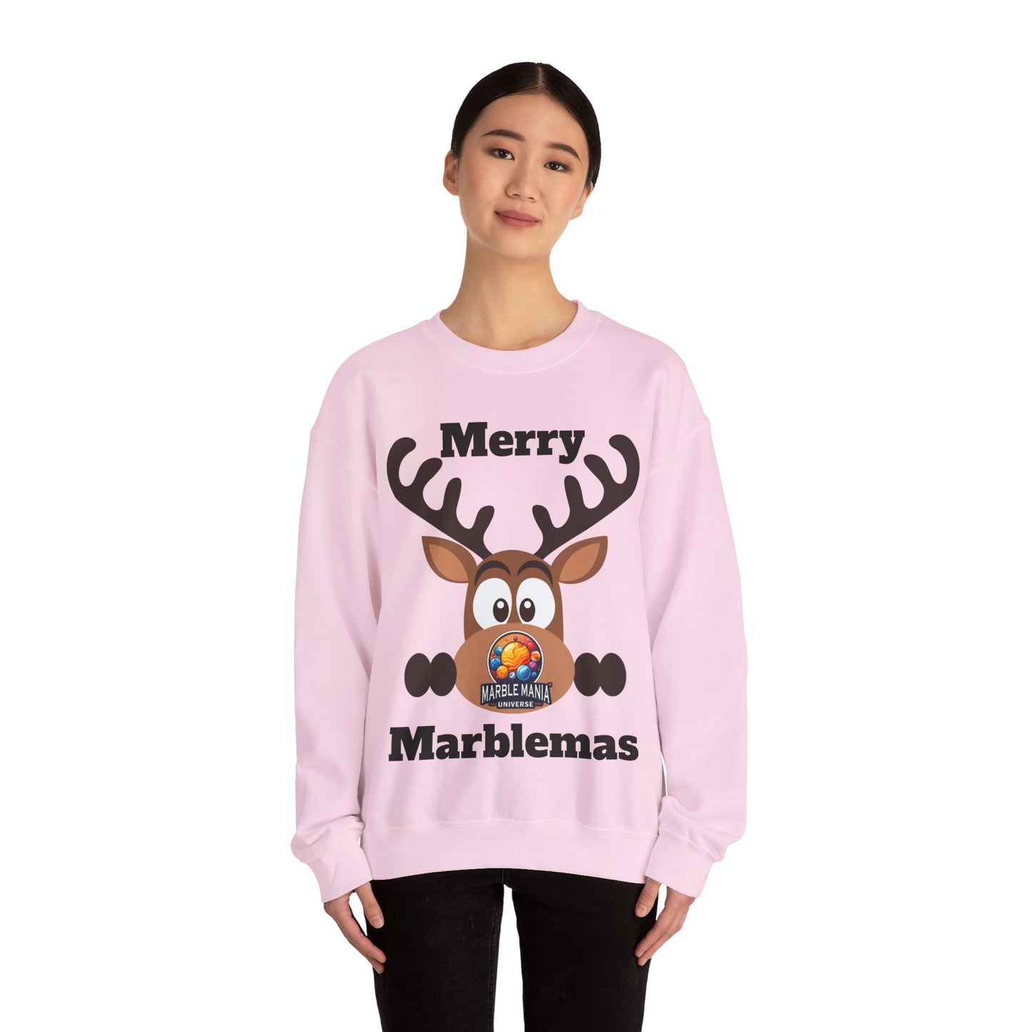Merry Marblemas Crewneck Sweatshirt — Festive Reindeer Graphic Holiday Sweatshirt