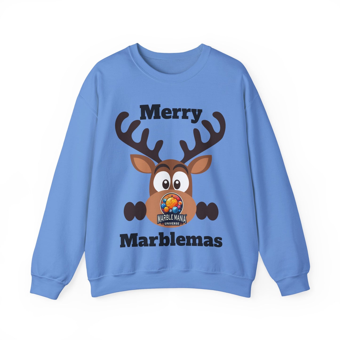 Merry Marblemas Crewneck Sweatshirt — Festive Reindeer Graphic Holiday Sweatshirt