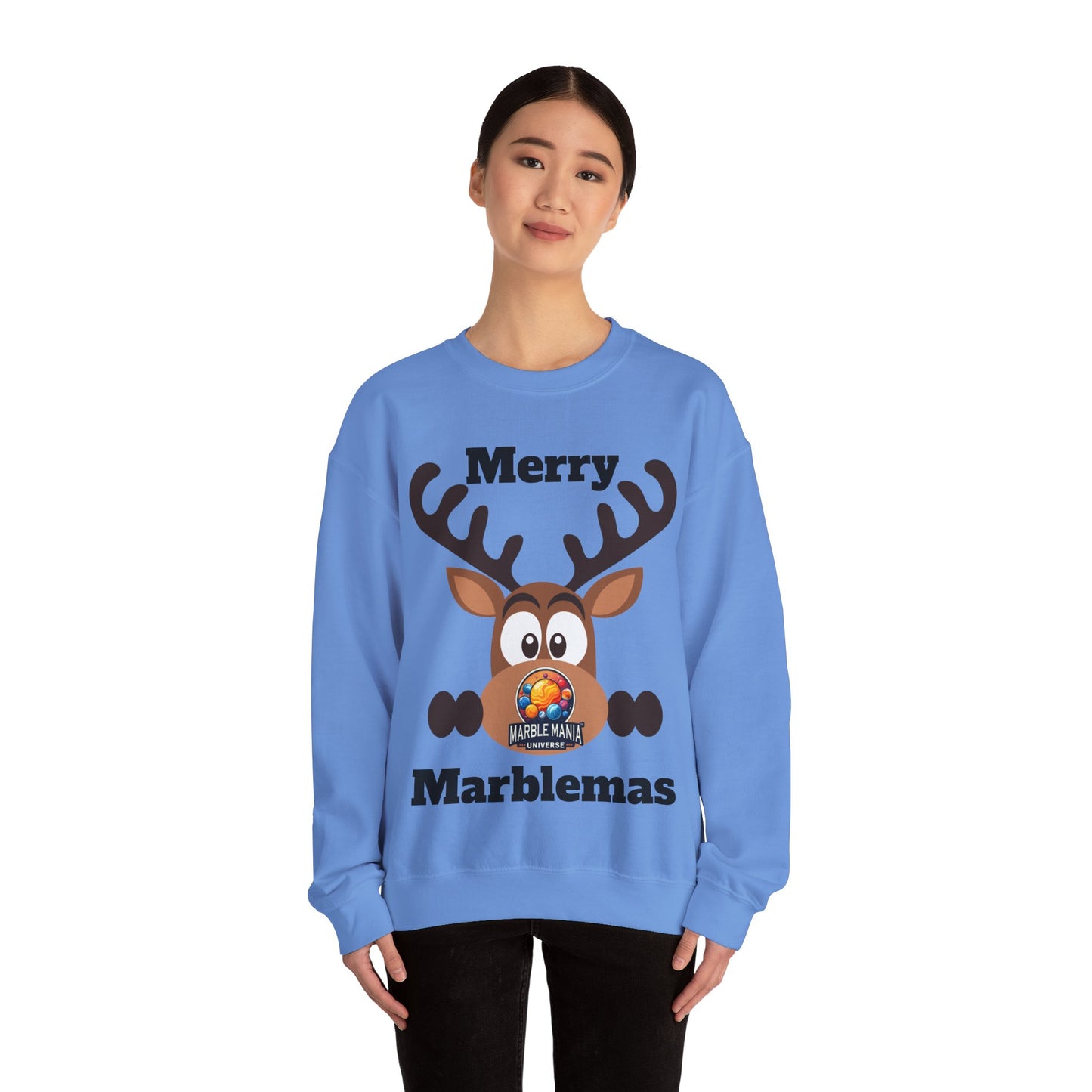 Merry Marblemas Crewneck Sweatshirt — Festive Reindeer Graphic Holiday Sweatshirt