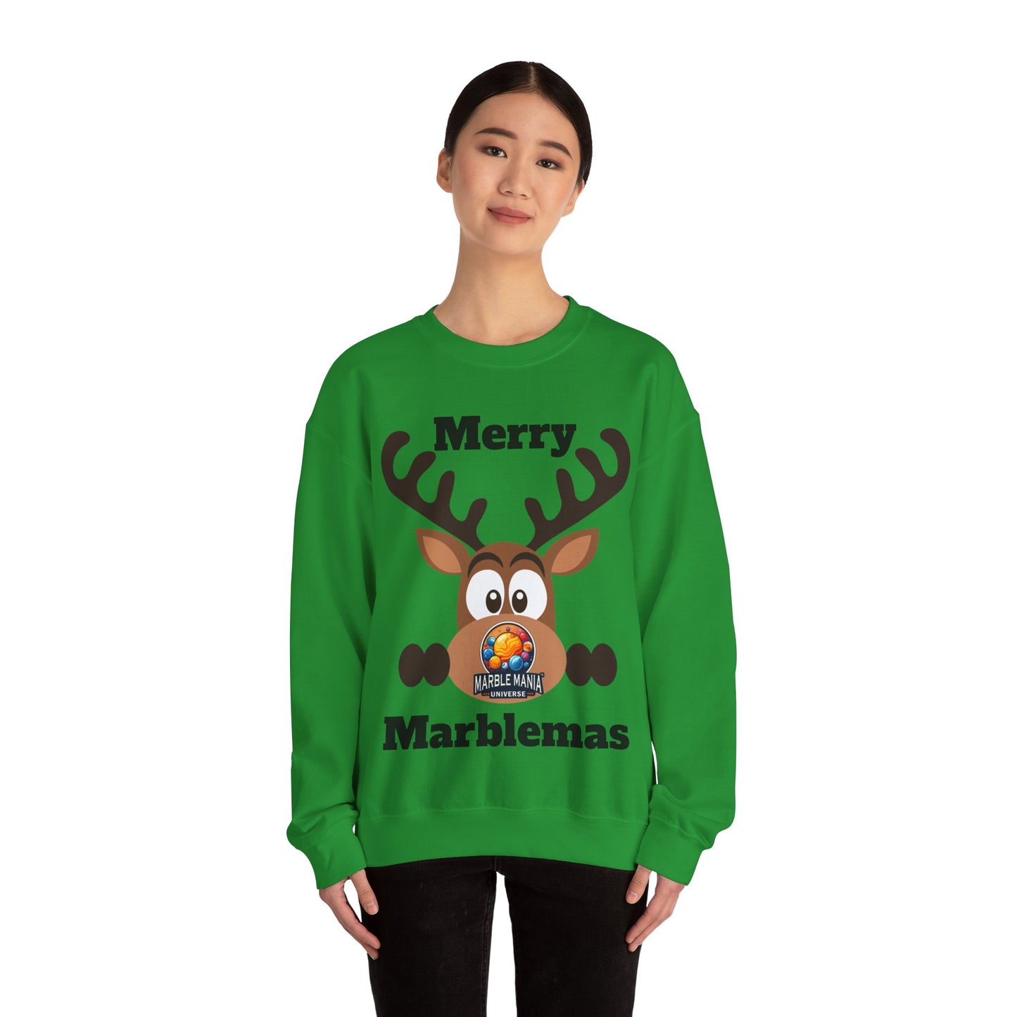 Merry Marblemas Crewneck Sweatshirt — Festive Reindeer Graphic Holiday Sweatshirt