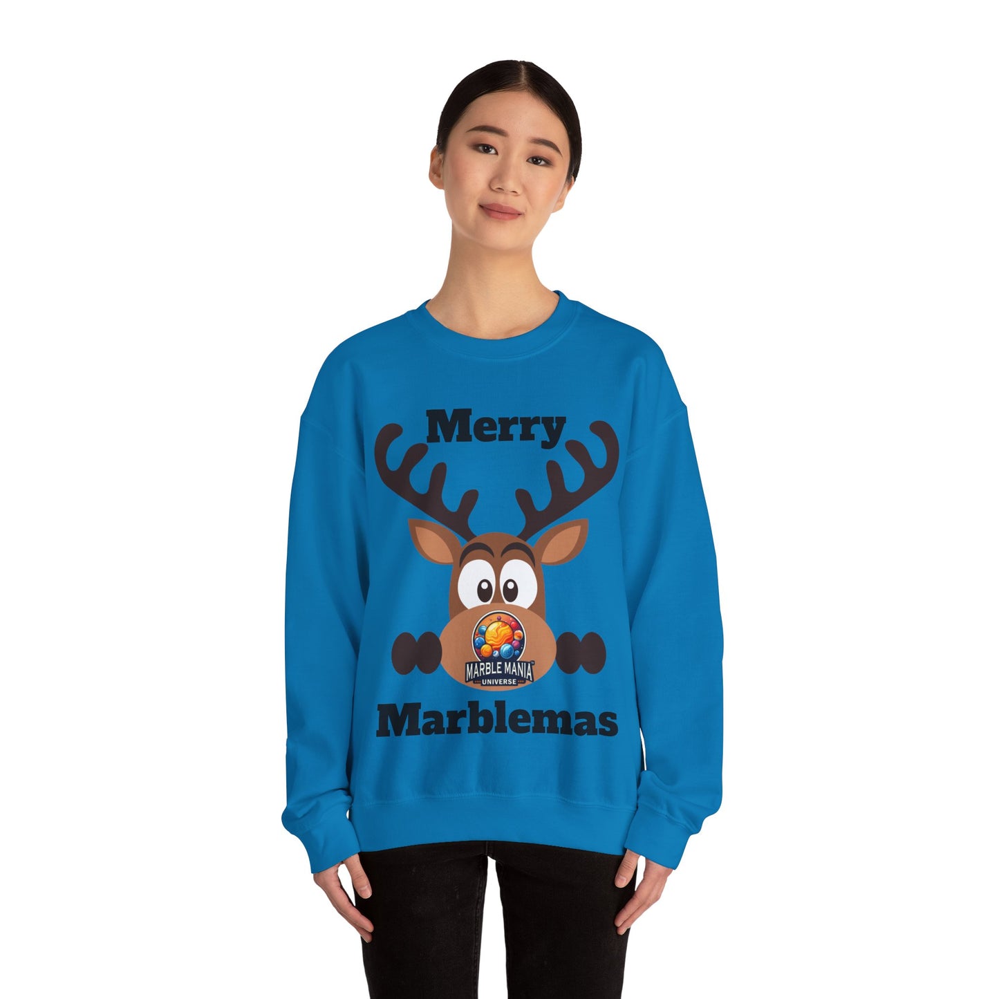 Merry Marblemas Crewneck Sweatshirt — Festive Reindeer Graphic Holiday Sweatshirt