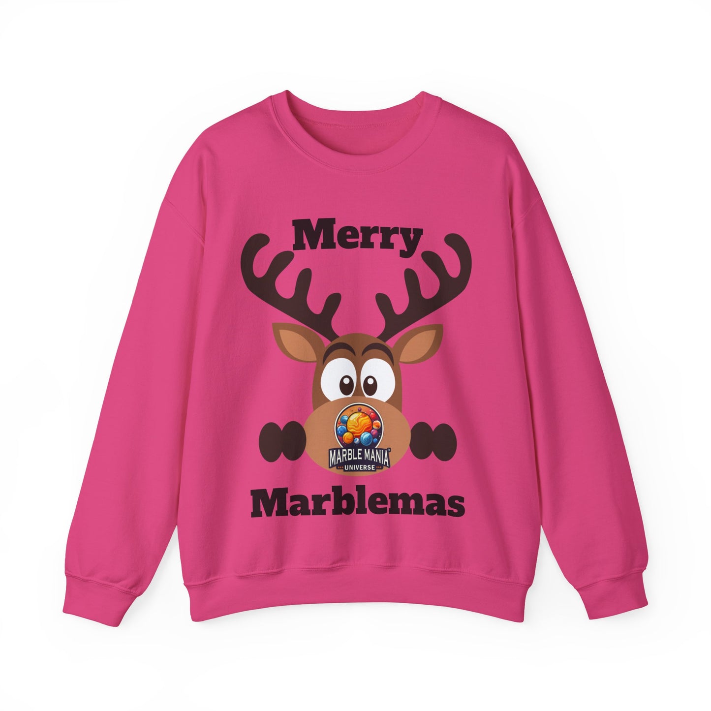 Merry Marblemas Crewneck Sweatshirt — Festive Reindeer Graphic Holiday Sweatshirt