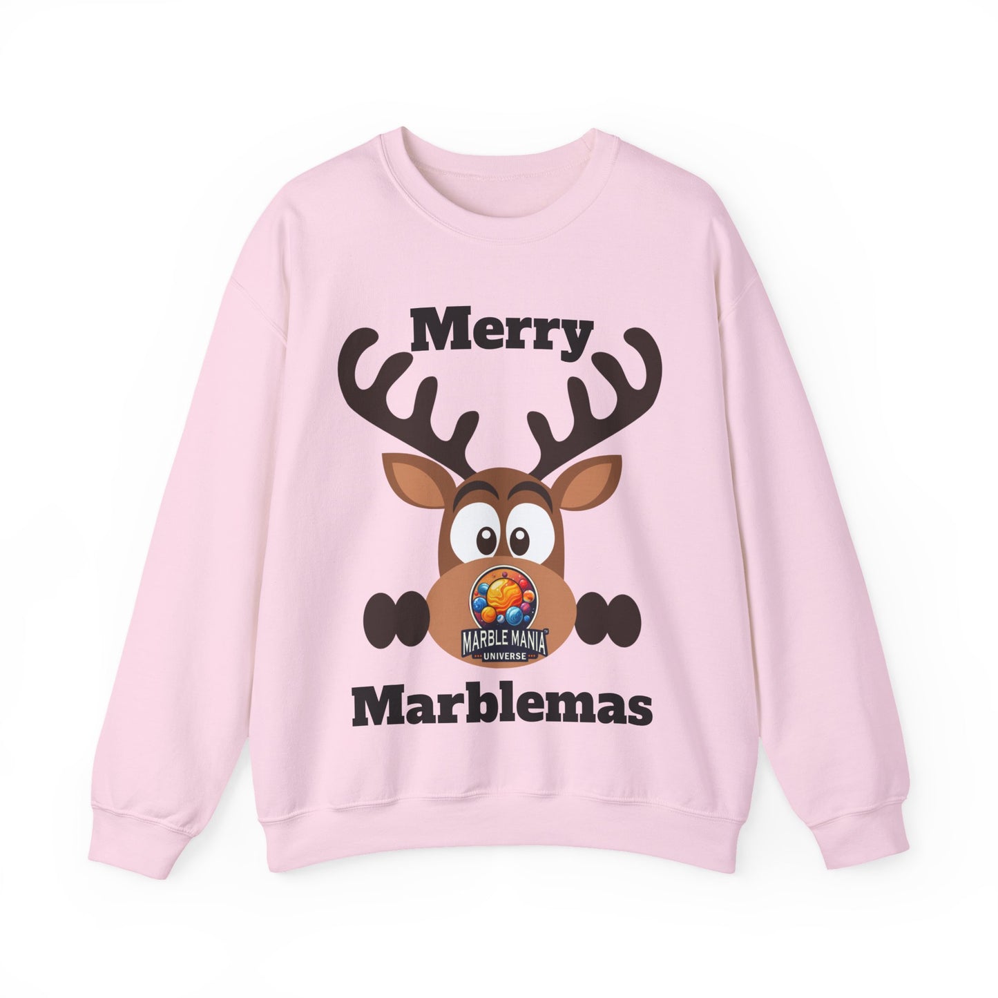 Merry Marblemas Crewneck Sweatshirt — Festive Reindeer Graphic Holiday Sweatshirt