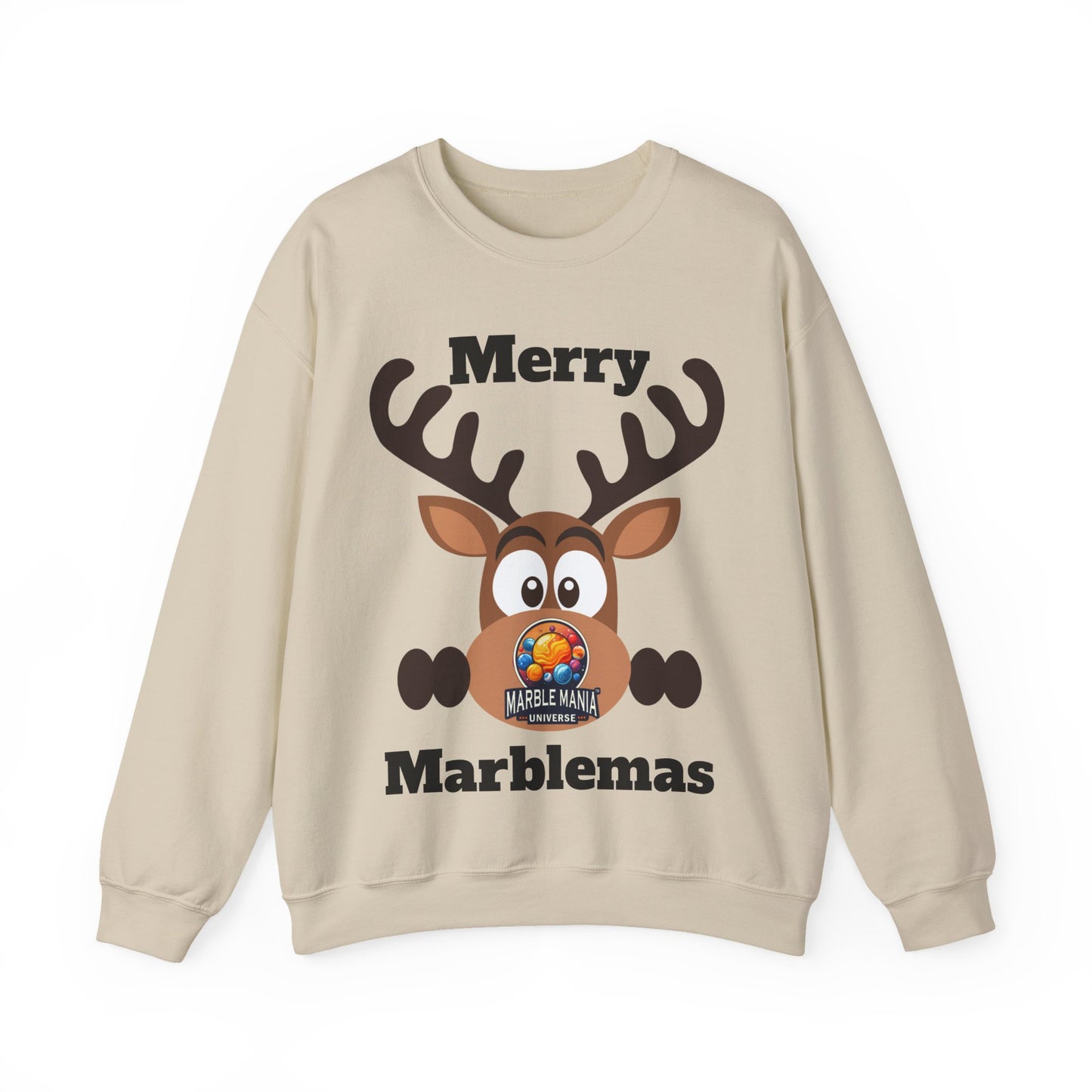 Merry Marblemas Crewneck Sweatshirt — Festive Reindeer Graphic Holiday Sweatshirt